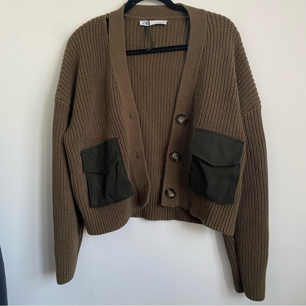 Zara Knit Contrast Pockets Oversized Cardigan Sweater • Cocoa Brown • S Small - Picture 3 of 10